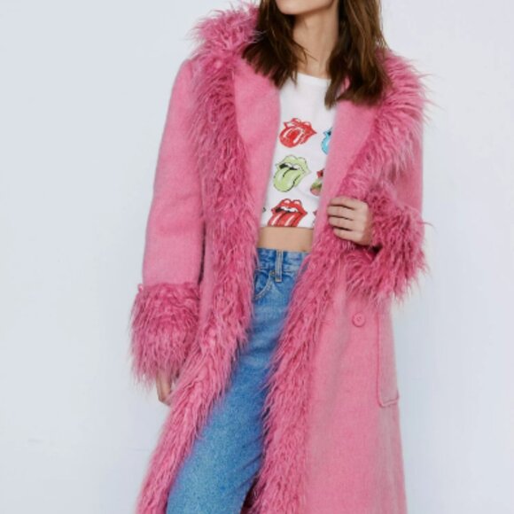 Nasty Gal Jackets & Blazers - Nasty Gal Pink Faux Shearling Fur Trim Wool Penny Lane Coat Size 4 NWT